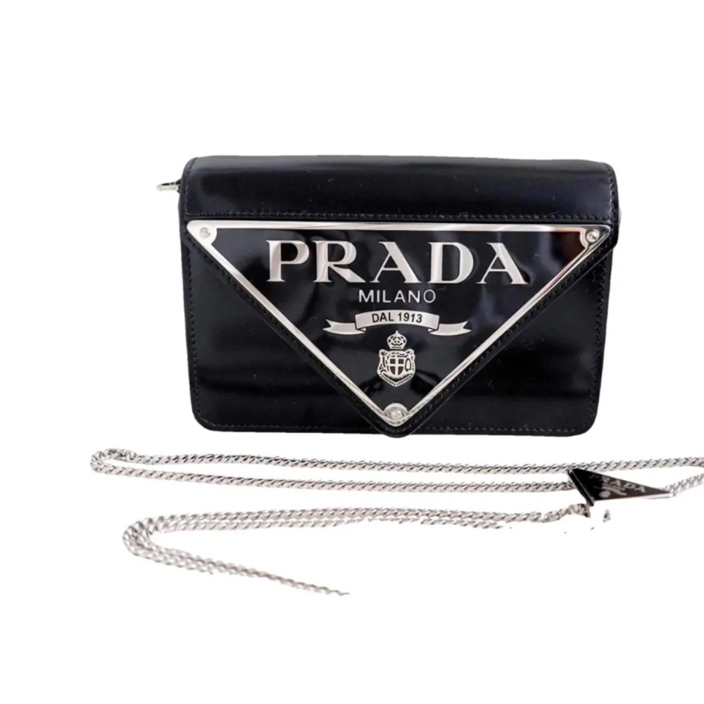 Prada Spazzolato Triangle Logo Plate Flap Chain Crossbody Bag Black